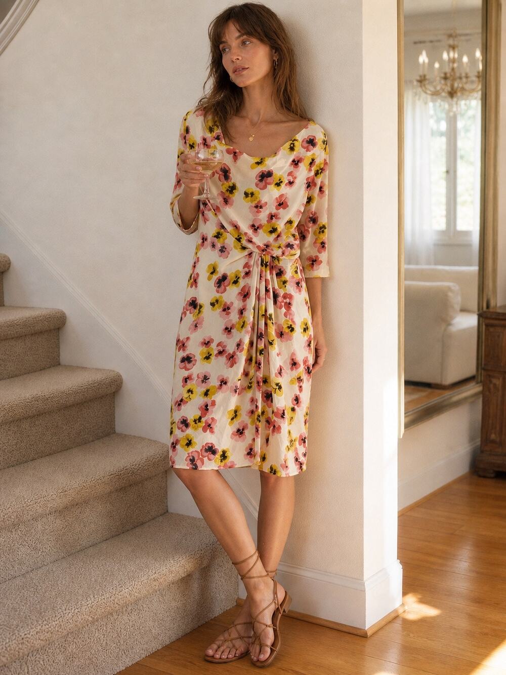 Moschino C&C Cream Yellow & Pink Pansy Silk Cowl Neck Draped Sheath Dress